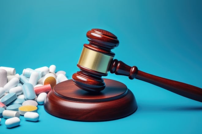 Een houten rechtershamer op een standaard, omringd door een verscheidenheid aan kleurrijke medicinale pillen en capsules, tegen een effen blauwe achtergrond, symboliseert de relatie tussen wetgeving en medicatie